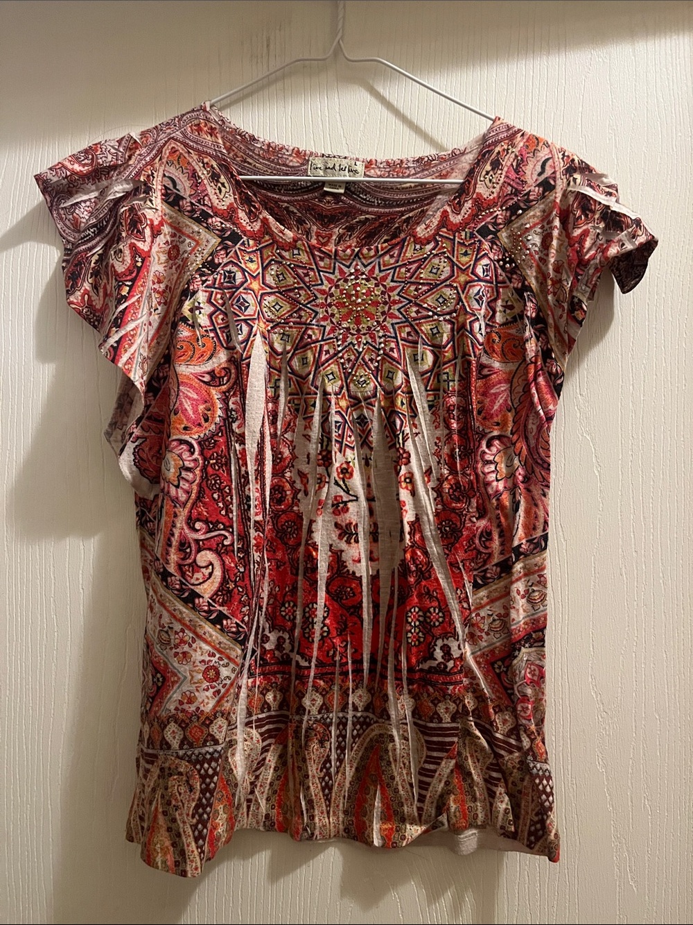 Red Paisley Short Sleeve Women's Blouse with Embellished Detail